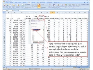 Para retornar la base de datos a su
estado original (por ejemplo para editar
o manipular los datos) se debe
seleccionar las columnas que se usaron
para el filtro y “seleccionar todo”

 