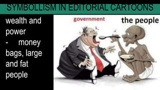SYMBOLLISM IN EDITORIAL CARTOONS
wealth and
power
- money
bags, large
and fat
people
 
