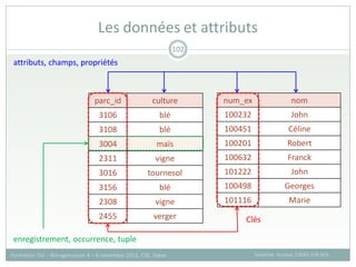 Les données et attributs
Sandrine Auzoux, CIRAD /UR SCA
Formation SIG – Bio-agresseurs 4 – 8 novembre 2013, CSE, Dakar
102
num_ex nom
100232 John
100451 Céline
100201 Robert
100632 Franck
101222 John
100498 Georges
101116 Marie
parc_id culture
3106 blé
3108 blé
3004 maïs
2311 vigne
3016 tournesol
3156 blé
2308 vigne
2455 verger Clés
attributs, champs, propriétés
enregistrement, occurrence, tuple
 