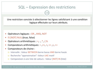 Une restriction consiste à sélectionner les lignes satisfaisant à une condition
logique effectuée sur leurs attributs.
 Opérateurs logiques : OR , AND, NOT
 IS [NOT] NULL(true, false)
 Opérateurs arithmétiques : +, -, *, /,%
 Comparateurs arithmétiques: = ,<>, <, <= ,>, >=
 Comparateurs de chaine :
 Intervalle : Valeur BETWEEN borne basse AND borne haute
 Recherche "approximative”: Valeur LIKE motif
 Comparaison à une liste de valeurs : Valeur [NOT] IN (liste)
SQL – Expression des restrictions
Sandrine Auzoux, CIRAD /UR SCA
Formation SIG – Bio-agresseurs 4 – 8 novembre 2013, CSE, Dakar
108
 