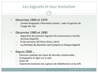 Les logiciels et leur évolution
Pascal Degenne, CIRAD /UMR TETIS
Formation SIG – Bio-agresseurs 4 – 8 novembre 2013, CSE, Dakar
11
• Décennies 1960 et 1970
o Canada Geographic Information System : aide à la gestion de
l’usage des sols
• Décennies 1980 et 1990
o Apparition des premiers logiciels SIG commerciaux ( ArcInfo,
ArcView, Mapinfo)
o Et des premiers SIG libres (Grass, Idrisi)
o Les formats de données sont propres à chaque logiciel
• Depuis 2000 …
o Extension spatiales des bases de données relationnelles
o Cartographie en ligne sur le web
o Outils 3D
o Importante évolution des capteurs de télédétection et du GPS
 