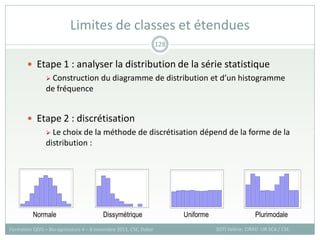 Etape 1 : analyser la distribution de la série statistique
 Construction du diagramme de distribution et d’un histogramme
de fréquence
 Etape 2 : discrétisation
 Le choix de la méthode de discrétisation dépend de la forme de la
distribution :
Limites de classes et étendues
SOTI Valérie, CIRAD -UR SCA / CSE
Formation QGIS – Bio-agresseurs 4 – 8 novembre 2013, CSE, Dakar
128
Normale Dissymétrique Uniforme Plurimodale
 