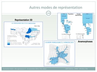 Autres modes de représentation
SOTI Valérie, CIRAD -UR SCA / CSE
Formation QGIS – Bio-agresseurs 4 – 8 novembre 2013, CSE, Dakar
144
Représentation 3D
Anamorphoses
 