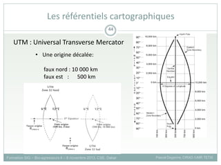 • Une origine décalée:
faux nord : 10 000 km
faux est : 500 km
UTM : Universal Transverse Mercator
Formation SIG – Bio-agresseurs 4 – 8 novembre 2013, CSE, Dakar Pascal Degenne, CIRAD /UMR TETIS
44
Les référentiels cartographiques
 