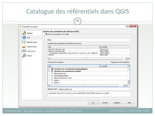 Formation SIG – Bio-agresseurs 4 – 8 novembre 2013, CSE, Dakar Pascal Degenne, CIRAD /UMR TETIS
46
Catalogue des référentiels dans QGIS
 