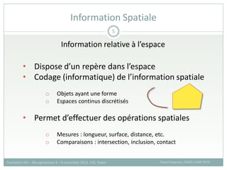 Information relative à l’espace
Information Spatiale
Pascal Degenne, CIRAD /UMR TETIS
Formation SIG – Bio-agresseurs 4 – 8 novembre 2013, CSE, Dakar
5
• Dispose d’un repère dans l’espace
• Codage (informatique) de l’information spatiale
o Objets ayant une forme
o Espaces continus discrétisés
• Permet d’effectuer des opérations spatiales
o Mesures : longueur, surface, distance, etc.
o Comparaisons : intersection, inclusion, contact
 