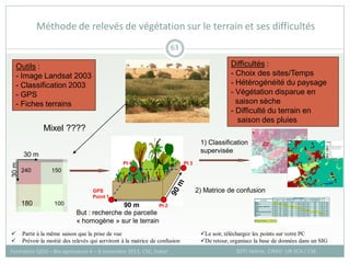 Méthode de relevés de végétation sur le terrain et ses difficultés
SOTI Valérie, CIRAD -UR SCA / CSE
Formation QGIS – Bio-agresseurs 4 – 8 novembre 2013, CSE, Dakar
63
Mixel ????
30 m
30
m
240 150
100
180
Outils :
- Image Landsat 2003
- Classification 2003
- GPS
- Fiches terrains
Difficultés :
- Choix des sites/Temps
- Hétérogénéité du paysage
- Végétation disparue en
saison sèche
- Difficulté du terrain en
saison des pluies
90 m
GPS
Point 1
Pt 2
Pt 4
But : recherche de parcelle
« homogène » sur le terrain
Pt 3
1) Classification
supervisée
63
 Partir à la même saison que la prise de vue
 Prévoir la moitié des relevés qui serviront à la matrice de confusion
2) Matrice de confusion
Le soir, téléchargez les points sur votre PC
De retour, organisez la base de données dans un SIG
 