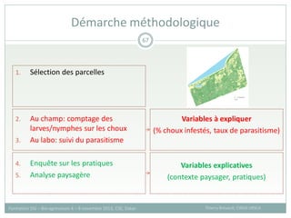 Démarche méthodologique
Thierry Brévault, CIRAD URSCA
Formation SIG – Bio-agresseurs 4 – 8 novembre 2013, CSE, Dakar
67
1. Sélection des parcelles
2. Au champ: comptage des
larves/nymphes sur les choux
3. Au labo: suivi du parasitisme
4. Enquête sur les pratiques
5. Analyse paysagère
Variables à expliquer
(% choux infestés, taux de parasitisme)
Variables explicatives
(contexte paysager, pratiques)
 