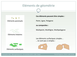 Formation SIG – Bio-agresseurs 4 – 8 novembre 2013, CSE, Dakar Pascal Degenne, CIRAD /UMR TETIS
84
Eléments de géométrie
Eléments ponctuels
Eléments linéaires
Eléments surfaciques
Ces éléments peuvent être simples :
Point, Ligne, Polygone
ou composites :
Multipoint, Multiligne, Multipolygone
Les éléments surfaciques simples ..
.. ne sont pas si simples :
 