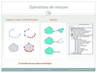 Formation SIG – Bio-agresseurs 4 – 8 novembre 2013, CSE, Dakar Pascal Degenne, CIRAD /UMR TETIS
88
Opérations de mesure
Le résultat est une valeur numérique
Distance
Longueur, surface, nombre de points
 