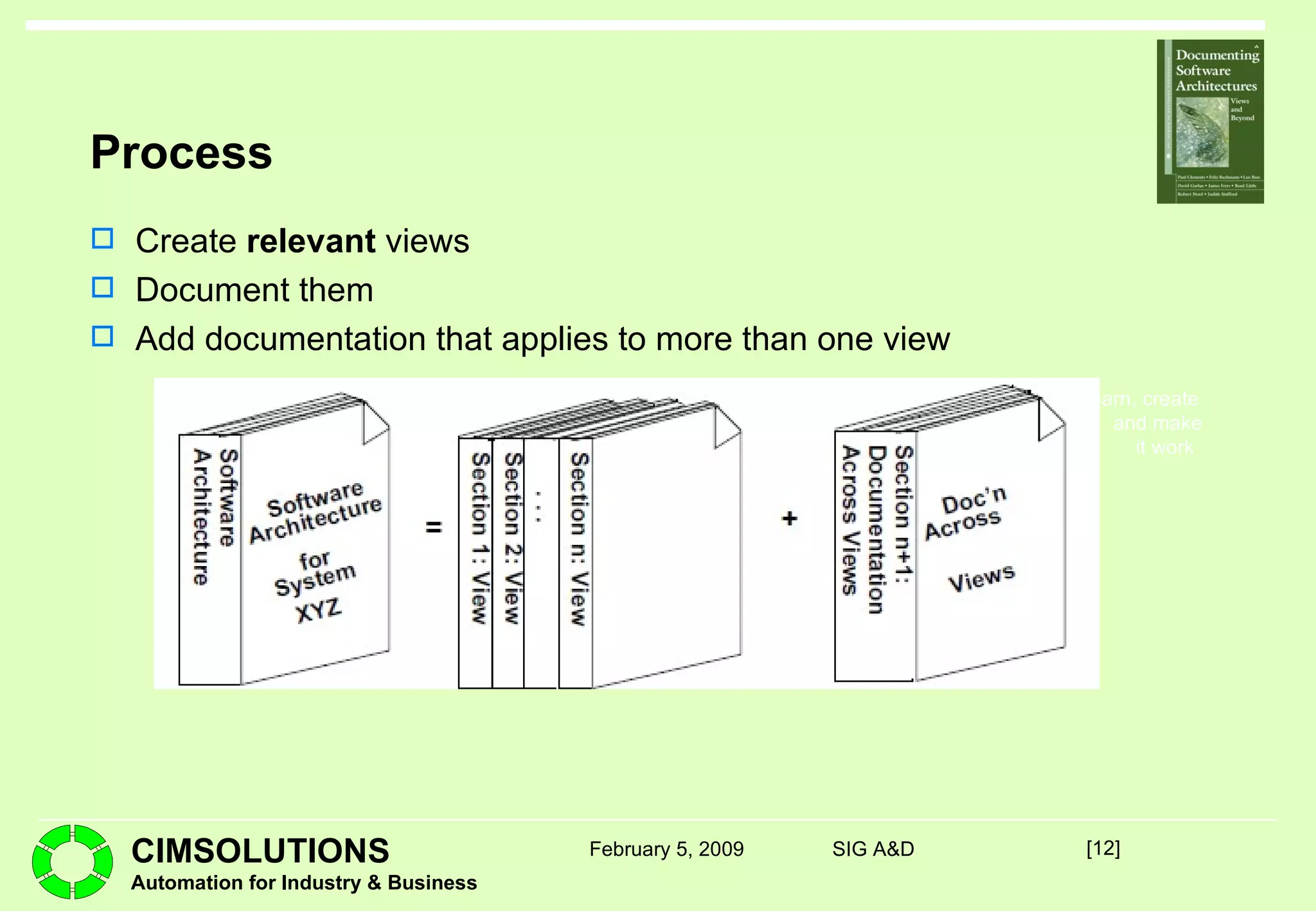 Process Create  relevant  views Document them Add documentation that applies to more than one view [ ] February 5, 2009 SIG A&D 