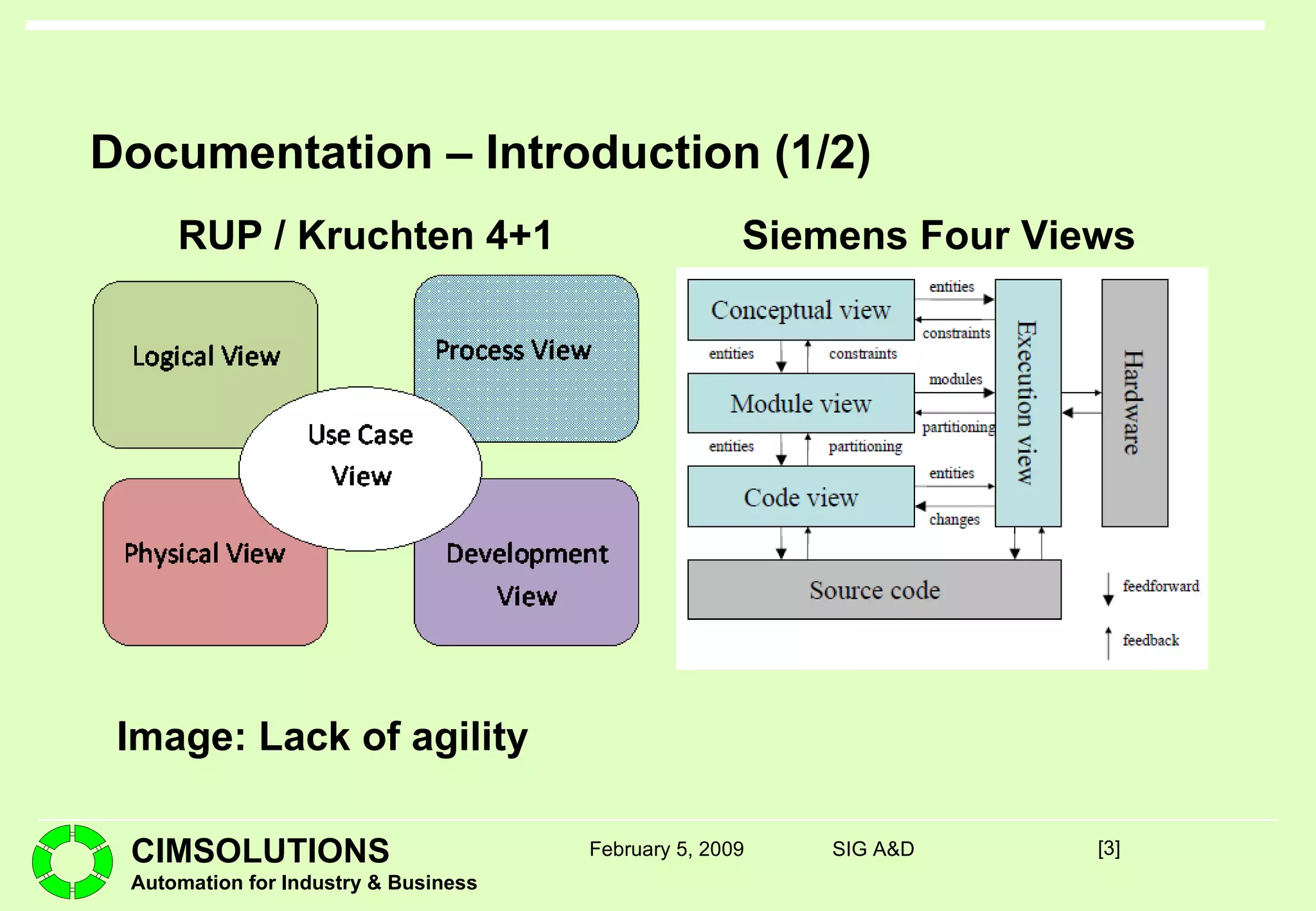 Documentation – Introduction (1/2) [ ] February 5, 2009 SIG A&D Siemens Four Views RUP / Kruchten 4+1 Image: Lack of agility 