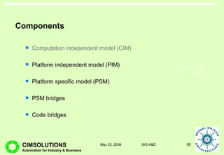 Components Computation independent model (CIM) Platform independent model (PIM) Platform specific model (PSM) PSM bridges Code bridges 