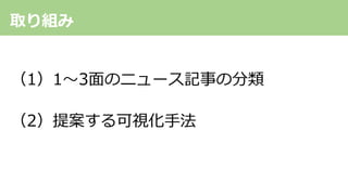 取り組み
（1）1〜3⾯のニュース記事の分類
（2）提案する可視化⼿法
 