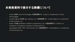 本発表資料で表示する商標について
- Unity は米国 Unity Technologies の登録商標です。Unity is a trademark of Unity
Technologies.
- Unreal Engine は米国 Epic Games, Inc. の登録商標です。Unreal Engine is a trademark
of Epic Games, Inc.
- Godot は米国 Software Freedom Conservancy, Inc. の登録商標です。Godot is a
trademark of Software Freedom Conservancy, Inc.
- GameMaker はポーランド YoYo Games Ltd. の登録商標です。GameMaker is a trademark
of YoYo Games Ltd.
 