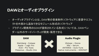 DAWとオーディオプラグイン
- オーディオプラグインとは、DAW等の音楽制作ソフトウェアに音源やエフェ
クトを外部から追加できるモジュール形式のソフトウェア
- プラグイン開発用のSDKが提供されている形式については、DAWベン
ダー以外のサードパーティが開発・販売できる
DAW
Steinberg - Cubase
Apple - Logic Pro
Avid - Pro Tools
Presonus - Studio One
Audio Plugin
iZotope - Ozone
Xfer - Serum
ANTARES - Auto-Tune
Native Instruments - KONTAKT
 