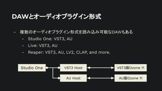 DAWとオーディオプラグイン形式
- 複数のオーディオプラグイン形式を読み込み可能なDAWもある
- Studio One: VST3, AU
- Live: VST3, AU
- Reaper: VST3, AU, LV2, CLAP, and more.
VST3版Ozone 11
VST3 Host
AU Host
Studio One
AU版Ozone 11
 