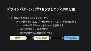 デザインパターン : プロセッサとエディタの分離
- 分離設計を前提としたライフサイクル
- 以下の操作をすると、プロセッサのインスタンスが破棄される
- ユーザーがプラグインをラックから削除する
- DAWのプロジェクトを閉じる
- DAWプログラム本体を終了する
Plugin Host
DAW Processor
 