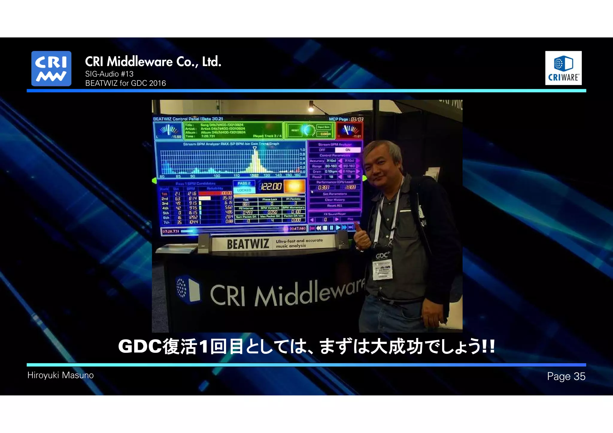 .
Hiroyuki Masuno Page 35
SIG-Audio #13
BEATWIZ for GDC 2016
GDC復活1回目としては、まずは大成功でしょう!!
 