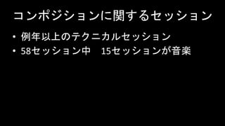 コンポジションに関するセッション
• 例年以上のテクニカルセッション
• 58セッション中 15セッションが音楽
 