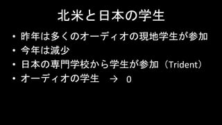 北米と日本の学生
• 昨年は多くのオーディオの現地学生が参加
• 今年は減少
• 日本の専門学校から学生が参加（Trident）
• オーディオの学生 → 0
 