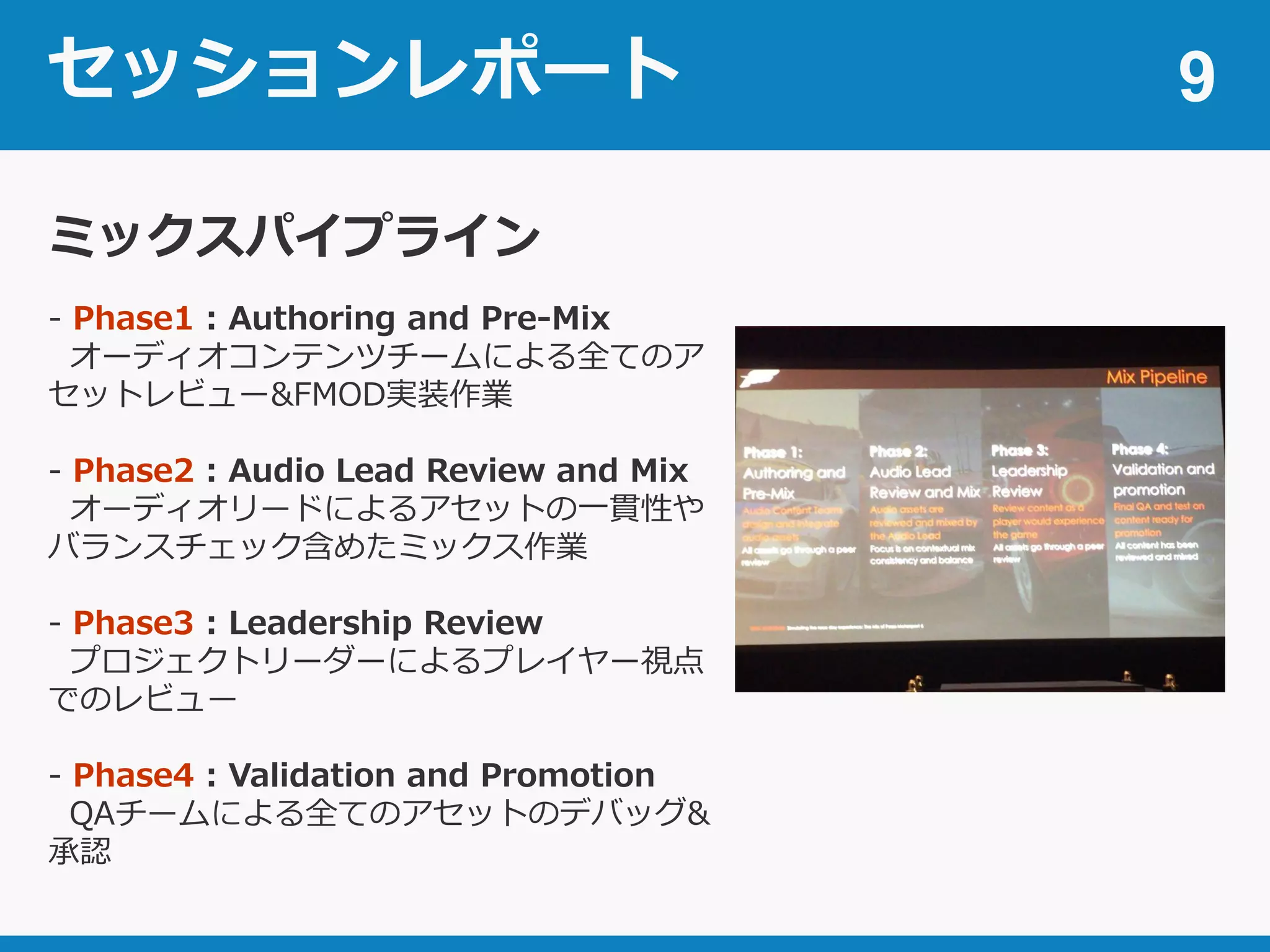 セッションレポート 9
ミックスパイプライン
- Phase1 : Authoring and Pre-Mix
オーディオコンテンツチームによる全てのア
セットレビュー&FMOD実装作業
- Phase2 : Audio Lead Review and Mix
オーディオリードによるアセットの一貫性や
バランスチェック含めたミックス作業
- Phase3 : Leadership Review
プロジェクトリーダーによるプレイヤー視点
でのレビュー
- Phase4 : Validation and Promotion
QAチームによる全てのアセットのデバッグ&
承認
 