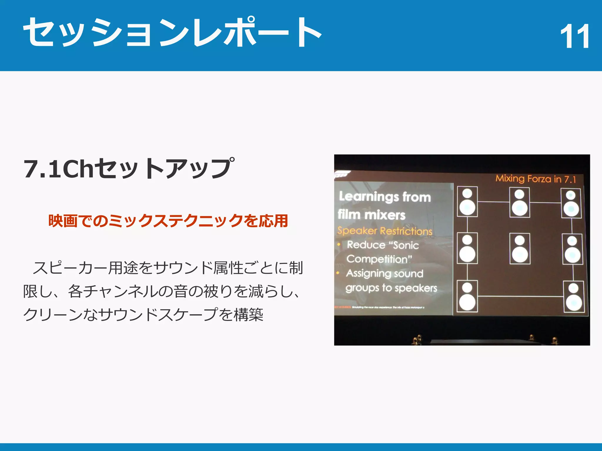 セッションレポート 11
7.1Chセットアップ
映画でのミックステクニックを応用
スピーカー用途をサウンド属性ごとに制
限し、各チャンネルの音の被りを減らし、
クリーンなサウンドスケープを構築
 