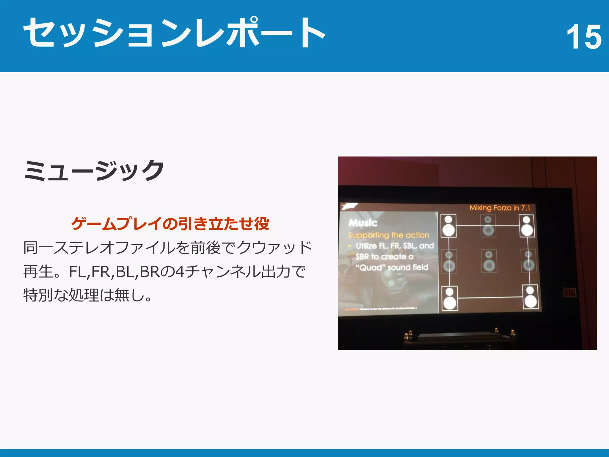 セッションレポート 15
ミュージック
ゲームプレイの引き立たせ役
同一ステレオファイルを前後でクウァッド
再生。FL,FR,BL,BRの4チャンネル出力で
特別な処理は無し。
 