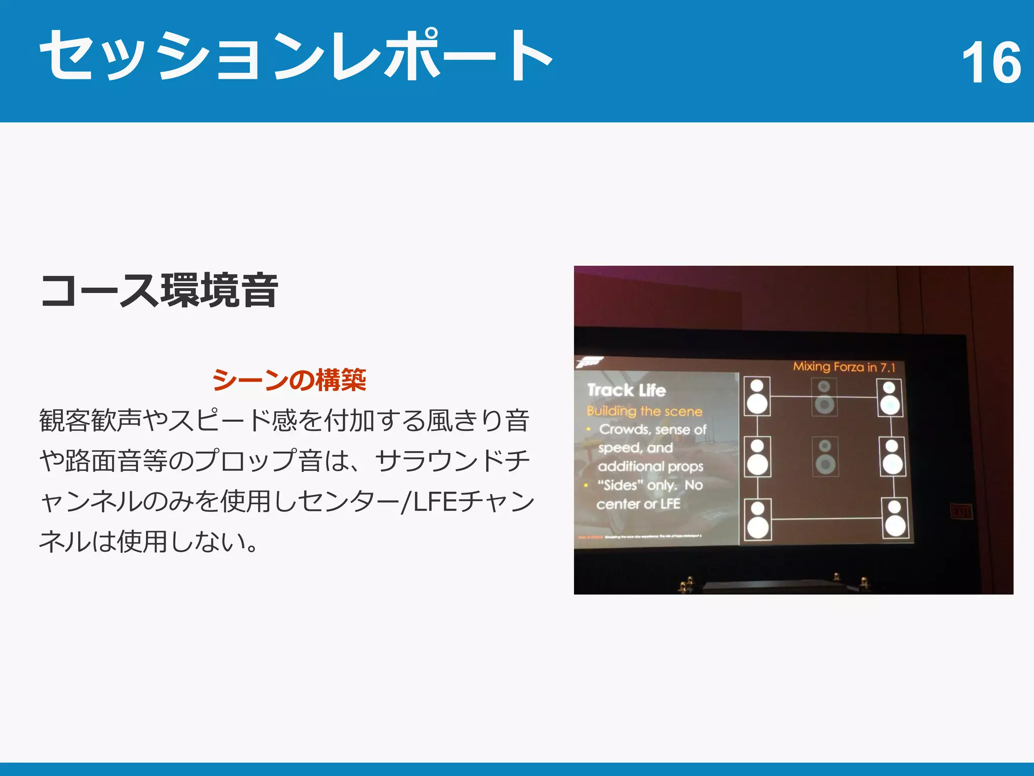 セッションレポート 16
コース環境音
シーンの構築
観客歓声やスピード感を付加する風きり音
や路面音等のプロップ音は、サラウンドチ
ャンネルのみを使用しセンター/LFEチャン
ネルは使用しない。
 