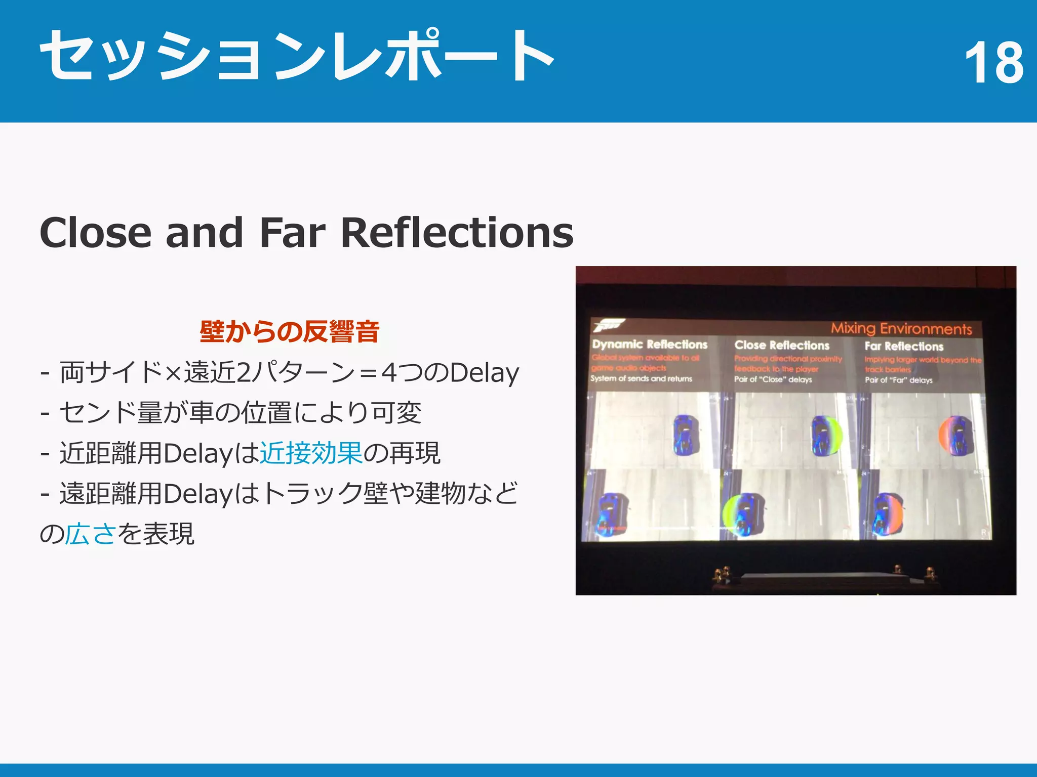セッションレポート 18
Close and Far Reflections
壁からの反響音
- 両サイド×遠近2パターン＝4つのDelay
- センド量が車の位置により可変
- 近距離用Delayは近接効果の再現
- 遠距離用Delayはトラック壁や建物など
の広さを表現
 