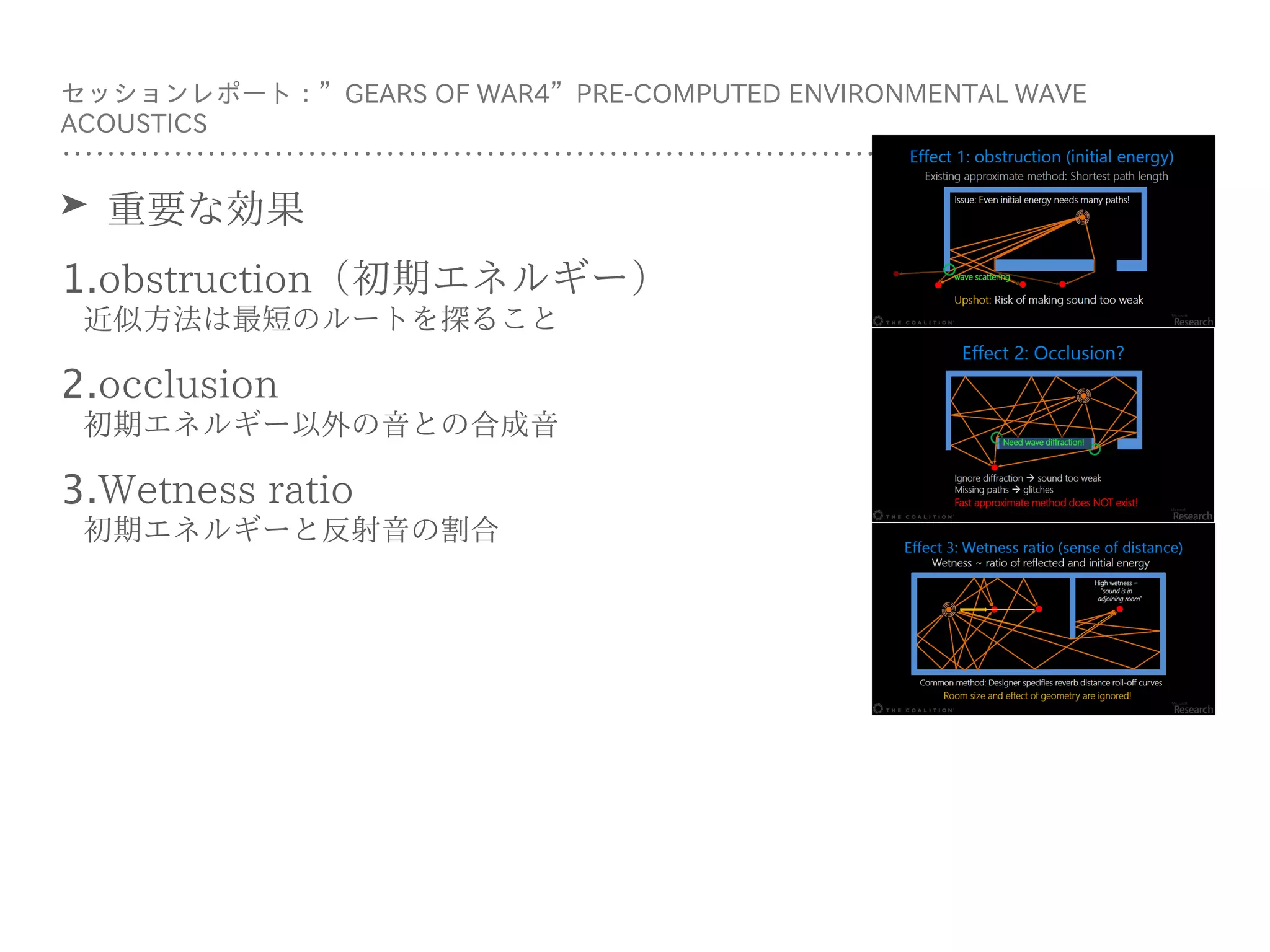 ➤ 重要な効果
1.obstruction（初期エネルギー） 
近似⽅法は最短のルートを探ること
2.occlusion 
初期エネルギー以外の⾳との合成⾳
3.Wetness ratio 
初期エネルギーと反射⾳の割合
セッションレポート：”GEARS OF WAR4”PRE-COMPUTED ENVIRONMENTAL WAVE
ACOUSTICS
 