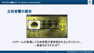 GDC2018 受講レポート2 “Music in Virtual Reality”
20
立体音響の歴史
VRゲームが登場して立体音響が重要視されるようになった。
→音楽はどうすれば？
 