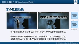 GDC2018 受講レポート2 “Music in Virtual Reality”
30
音の近接効果
マイクに密着して録音すると、ドライになり、かつ低音が強調される。
ヘッドホンで聞くと直接脳内に話しかけられているような感覚になる。
これを利用し、ドライミックスで、低音にEQかけ気味で音楽を作った。
Scraperの例
Fail Factoryの例
 