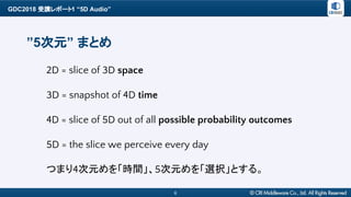 GDC2018 受講レポート1 “5D Audio”
6
”5次元” まとめ
2D = slice of 3D space
3D = snapshot of 4D time
4D = slice of 5D out of all possible probability outcomes
5D = the slice we perceive every day
つまり4次元めを「時間」、5次元めを「選択」とする。
 