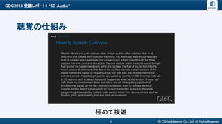 GDC2018 受講レポート1 “5D Audio”
8
聴覚の仕組み
極めて複雑
 