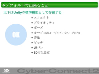 ❖デフォルトで出来ること
以下はUnityの標準機能として存在する
 エフェクト
 プライオリティ
 ポーズ

OK

 ループ (部分ループ不可、全ループのみ)
 音量
 ピッチ
 LRパン
 3D再生設定

16

 