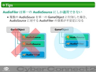 ❖Tips
AudioFiler は単一の AudioSource にしか適用できない
 複数の AudioSouce を単一の GameObject に付加した場合、

AudioSource に対する AudioFilter の効果が不安定になる
GameObject

GameObject

AudioSource

AudioSource

AudioSource

Audio*Filter

…
Audio*Filter

46

 