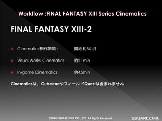 FINAL FANTASY XIII-2 
Cinematics制作期間： 開始約5か月 
Visual Works Cinematics 約21min 
In-game Cinematics 約45min 
Cinematicsは、CutsceneやフィールドQuestは含まれません 
©2014 SQUARE ENIX CO., LTD. All Rights Reserved.  