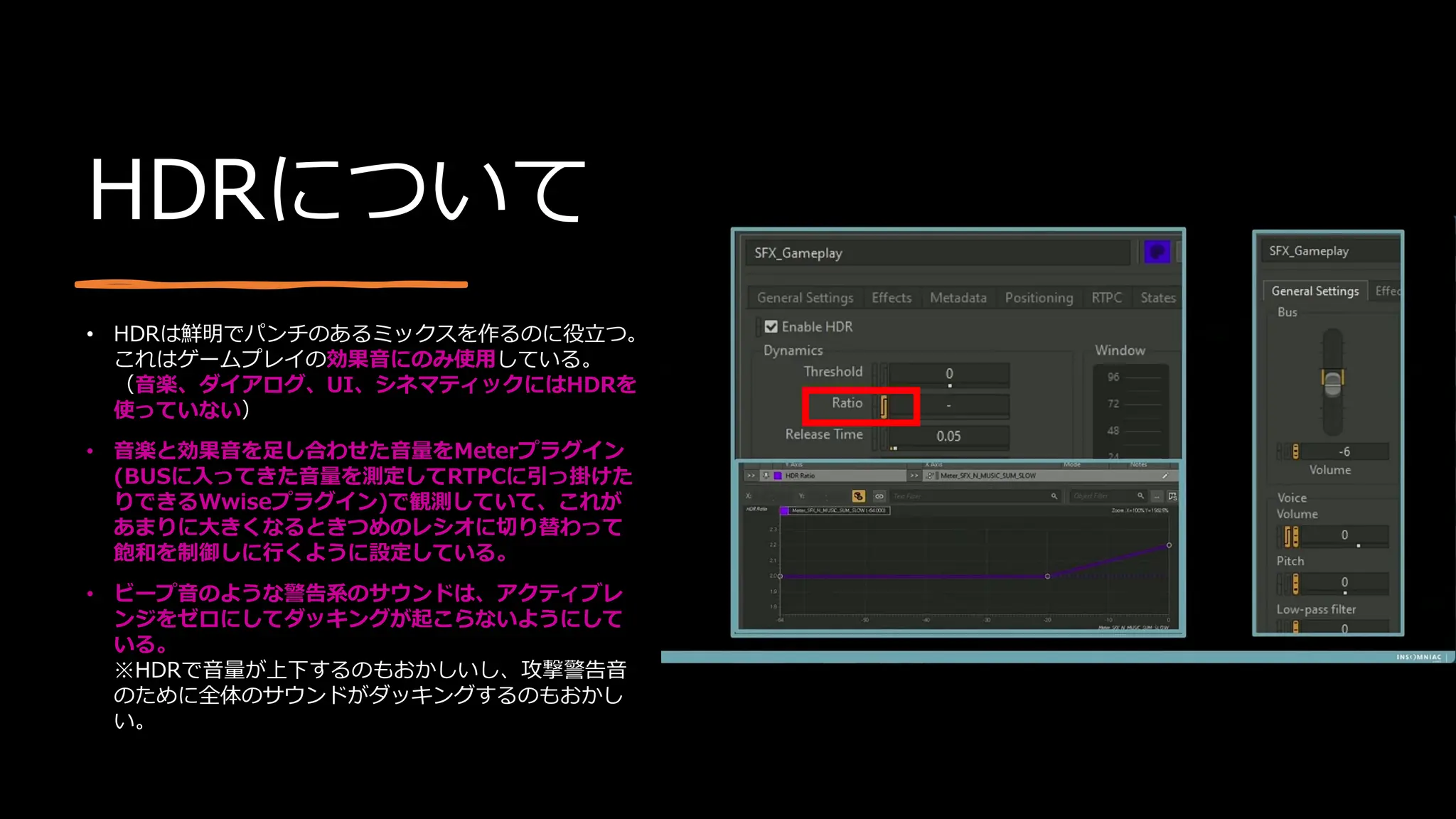 HDRについて
• HDRは鮮明でパンチのあるミックスを作るのに役立つ。
これはゲームプレイの効果音にのみ使用している。
（音楽、ダイアログ、UI、シネマティックにはHDRを
使っていない）
• 音楽と効果音を足し合わせた音量をMeterプラグイン
(BUSに入ってきた音量を測定してRTPCに引っ掛けた
りできるWwiseプラグイン)で観測していて、これが
あまりに大きくなるときつめのレシオに切り替わって
飽和を制御しに行くように設定している。
• ビープ音のような警告系のサウンドは、アクティブレ
ンジをゼロにしてダッキングが起こらないようにして
いる。
※HDRで音量が上下するのもおかしいし、攻撃警告音
のために全体のサウンドがダッキングするのもおかし
い。
 