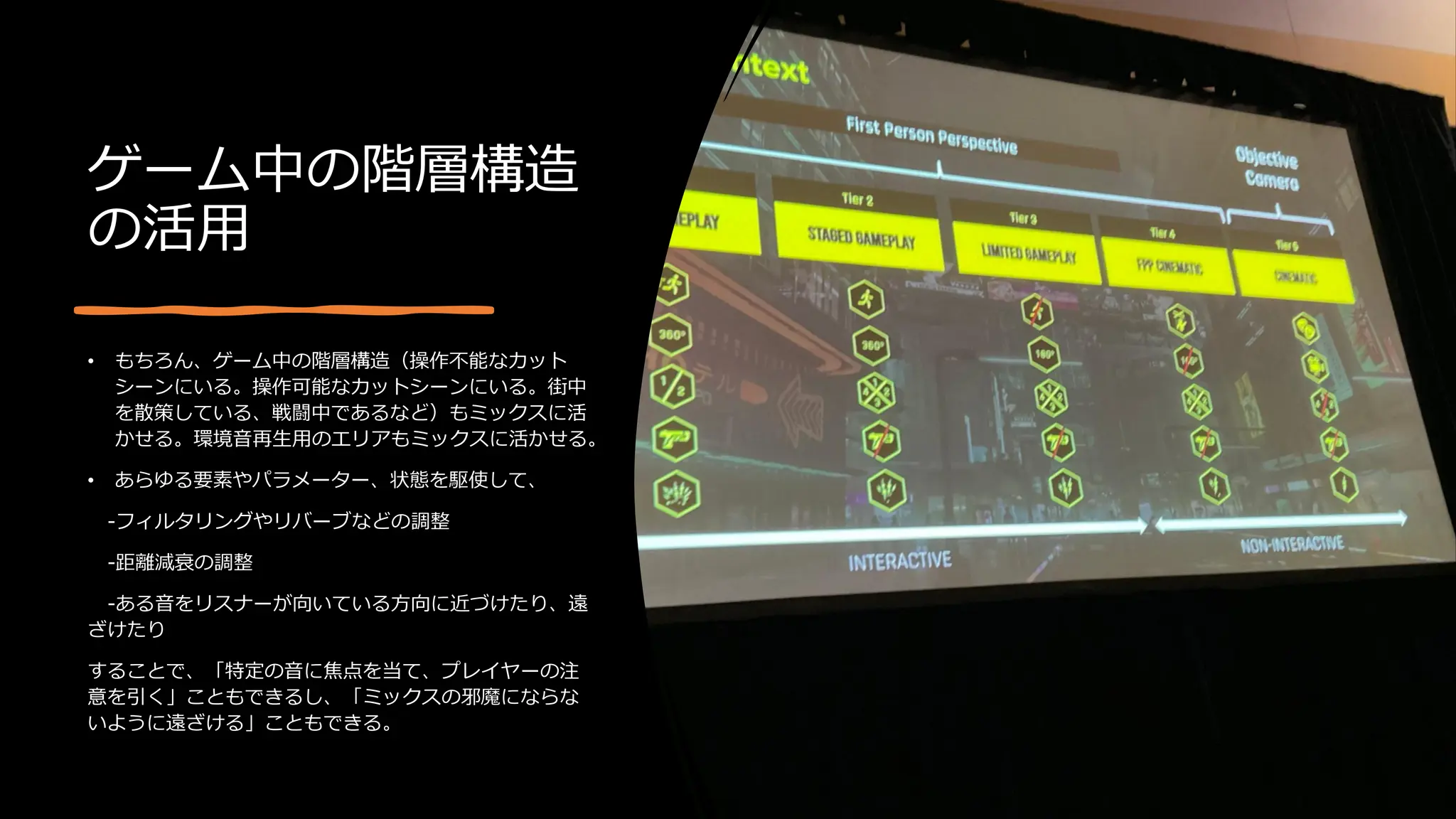 ゲーム中の階層構造
の活用
• もちろん、ゲーム中の階層構造（操作不能なカット
シーンにいる。操作可能なカットシーンにいる。街中
を散策している、戦闘中であるなど）もミックスに活
かせる。環境音再生用のエリアもミックスに活かせる。
• あらゆる要素やパラメーター、状態を駆使して、
-フィルタリングやリバーブなどの調整
-距離減衰の調整
-ある音をリスナーが向いている方向に近づけたり、遠
ざけたり
することで、「特定の音に焦点を当て、プレイヤーの注
意を引く」こともできるし、「ミックスの邪魔にならな
いように遠ざける」こともできる。
 