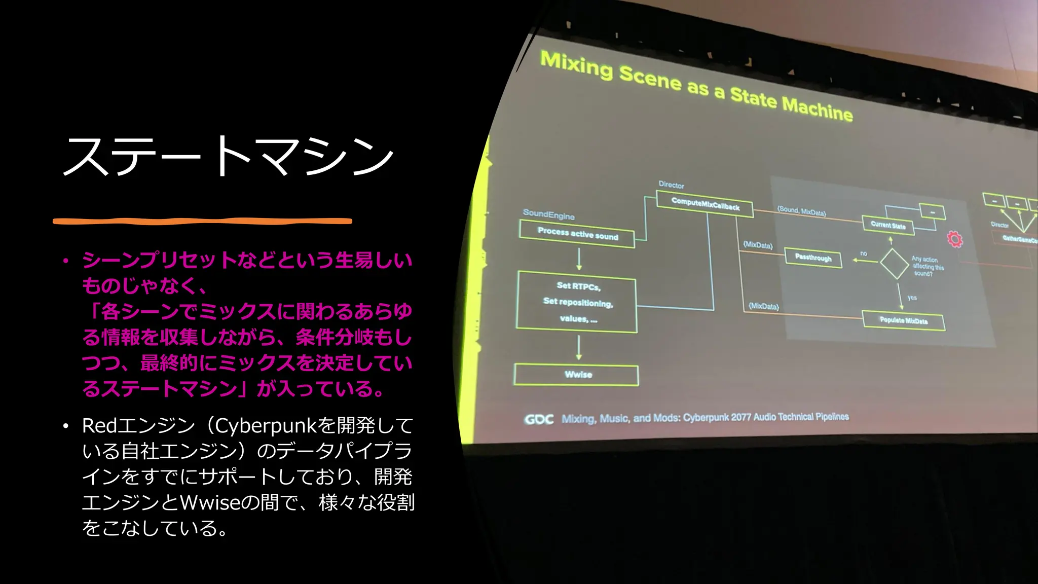 ステートマシン
• シーンプリセットなどという生易しい
ものじゃなく、
「各シーンでミックスに関わるあらゆ
る情報を収集しながら、条件分岐もし
つつ、最終的にミックスを決定してい
るステートマシン」が入っている。
• Redエンジン（Cyberpunkを開発して
いる自社エンジン）のデータパイプラ
インをすでにサポートしており、開発
エンジンとWwiseの間で、様々な役割
をこなしている。
 