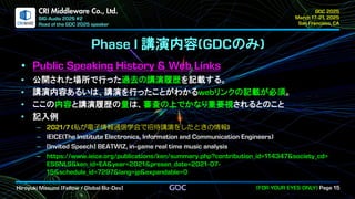 .
CRI Middleware Co., Ltd.
講演内容 のみ
公開された場所で行った過去の講演履歴を記載する。
講演内容あるいは、講演を行ったことがわかる リンクの記載が必須。
ここの内容と講演履歴の量は、審査の上でかなり重要視されるとのこと
記入例
私が電子情報通信学会で招待講演をしたときの情報
 