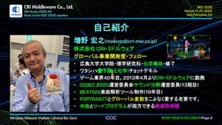 .
CRI Middleware Co., Ltd.
自己紹介
増野 宏之
株式会社 ・ミドルウェア
グローバル事業開発室・フェロー
• 広島大学大学院・理学研究科・化学専攻・修了
• ワタシハ量子論 と化学 チョットデキル
• ゲーム業界 年目。 年 月より ・ミドルウェアに勤務
• 運営委員会サウンド分野運営委員 期目
• 楽曲解析ツール制作 年目
• とグローバル変数をこよなく愛する老害です。
• 作曲とリードプログラムが両方できる絶滅危惧種
 