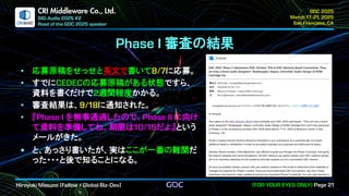 .
CRI Middleware Co., Ltd.
審査の結果
応募原稿をせっせと英文で書いて に応募。
すでに の応募原稿がある状態ですら、
資料を書くだけで 週間程度かかる。
審査結果は、 に通知された。
『 を無事通過したので、 に向け
て資料を準備してね、期限は だよ』という
メールがきた。
• と、あっさり書いたが、実はここが一番の難関だ
った・・・と後で知ることになる。
 