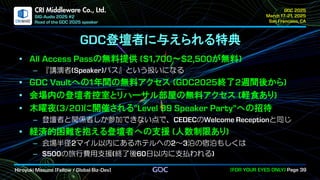 .
CRI Middleware Co., Ltd.
登壇者に与えられる特典
の無料提供 ～ が無料
『講演者 パス』という扱いになる
への 年間の無料アクセス 終了 週間後から
会場内の登壇者控室とリハーサル部屋の無料アクセス 軽食あり
木曜夜 に開催される への招待
登壇者と関係者しか参加できない点で、 の と同じ
経済的困難を抱える登壇者への支援 人数制限あり
会場半径 マイル以内にあるホテルへの ～ 泊の宿泊もしくは
の旅行費用支援 終了後 日以内に支払われる
 