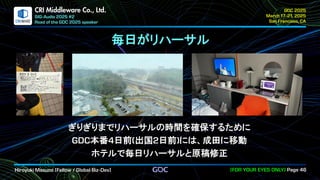 .
CRI Middleware Co., Ltd.
毎日がリハーサル
ぎりぎりまでリハーサルの時間を確保するために
本番 日前 出国 日前 には、成田に移動
ホテルで毎日リハーサルと原稿修正
 