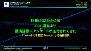 .
CRI Middleware Co., Ltd.
昨日
運営より
講演評価＋アンケートが送付されてきた
アンケート文章翻訳は による機械翻訳
 