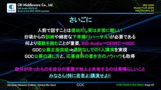.
CRI Middleware Co., Ltd.
さいごに
人前で話すことは億劫だし実は非常に難しい
日頃からの訓練や綿密な下準備 リハーサル が必要である
何より場数を踏むことが重要 ⇒ ⇒
公募正面突破⇒通訳なしでの 人講演を実現
公募の通し方と、応募資料の書き方のノウハウも取得
自分が作ったものを自分の言葉で他人と共有するのは素晴らしいこと
みなさん 特に若者よ 講演せよ
 
