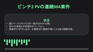 ピンチ2 PVの連続MA案件
状況
• 週1ペースでキャラクター紹介のPVが公開。
• 各PVは英語と日本語の２バージョン。
• 映像のFIXがズレ込み、公開前日に動画が届くこともあり極限状態。
 