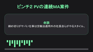 ピンチ２ PVの連続MA案件
余談
締め切りがヤバい仕事は労働法適用外の社長自らがやるスタイル。
 